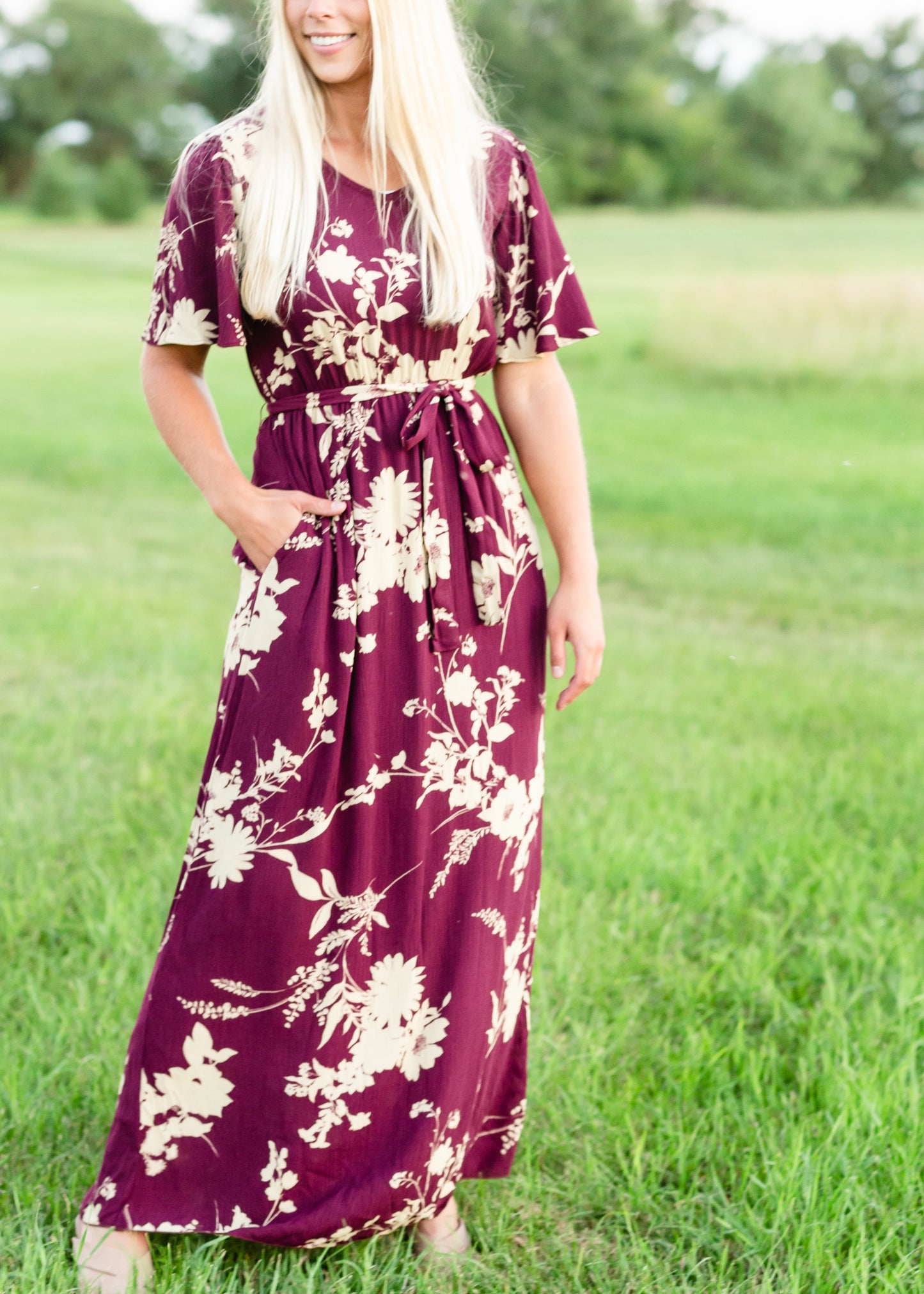 Floral Flutter Sleeve Plum Maxi Dress Dresses