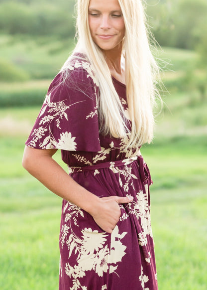 Floral Flutter Sleeve Plum Maxi Dress Dresses