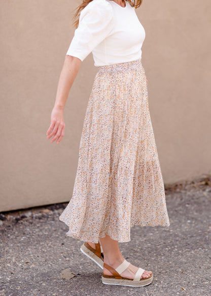 Floral Pleated Lined Midi Skirt Skirts