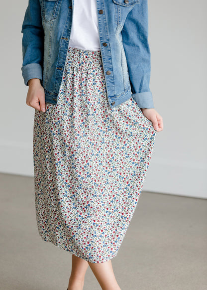 Floral Print Ivory Midi Skirt Skirts