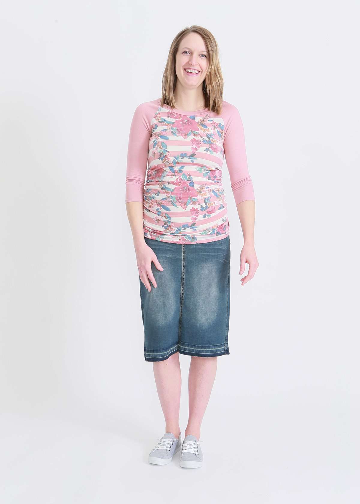 floral and stripe 3/4 raglan tee and modest midi denim skirt