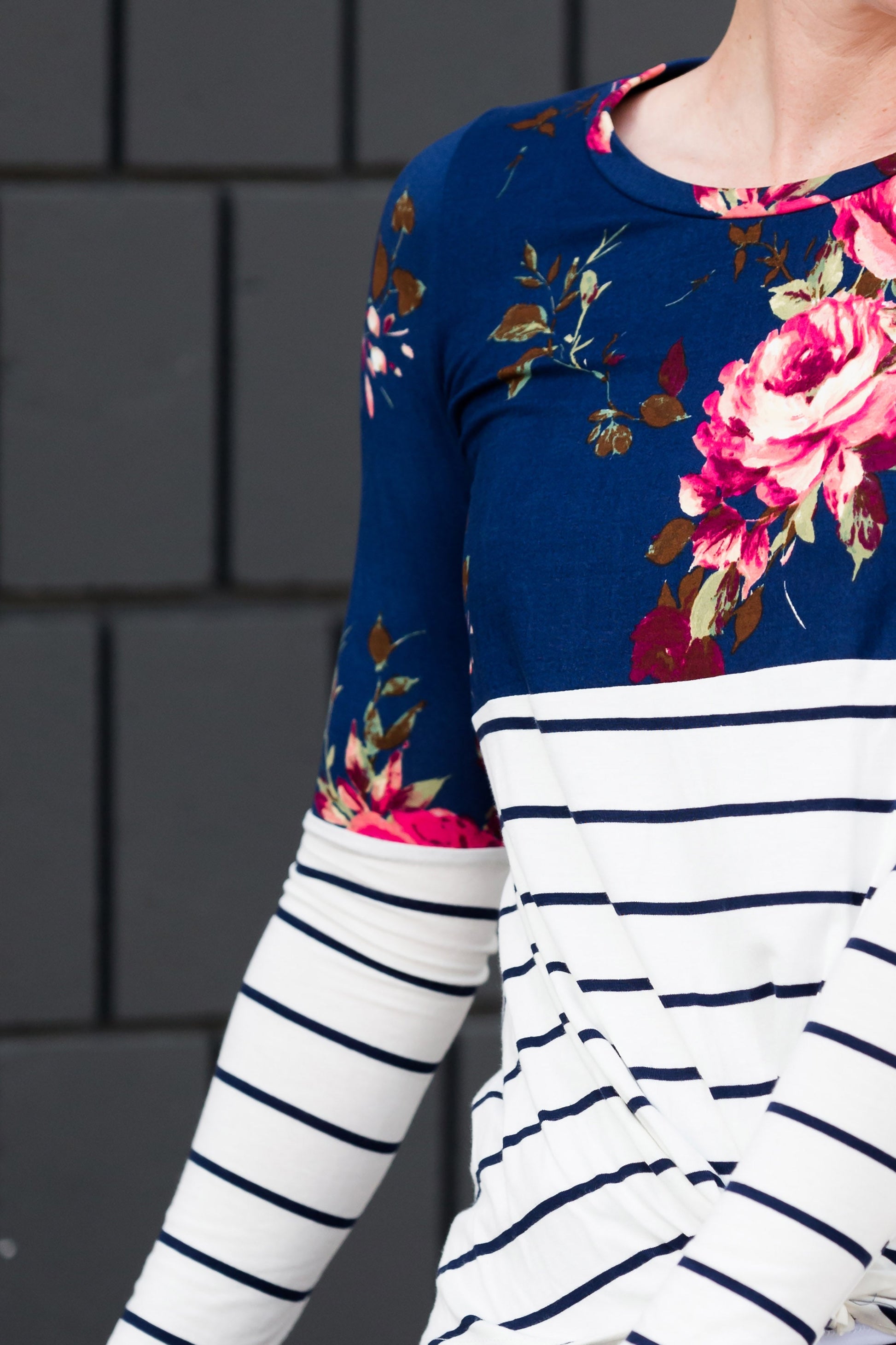 Floral Stripe Front Knot Top Tops