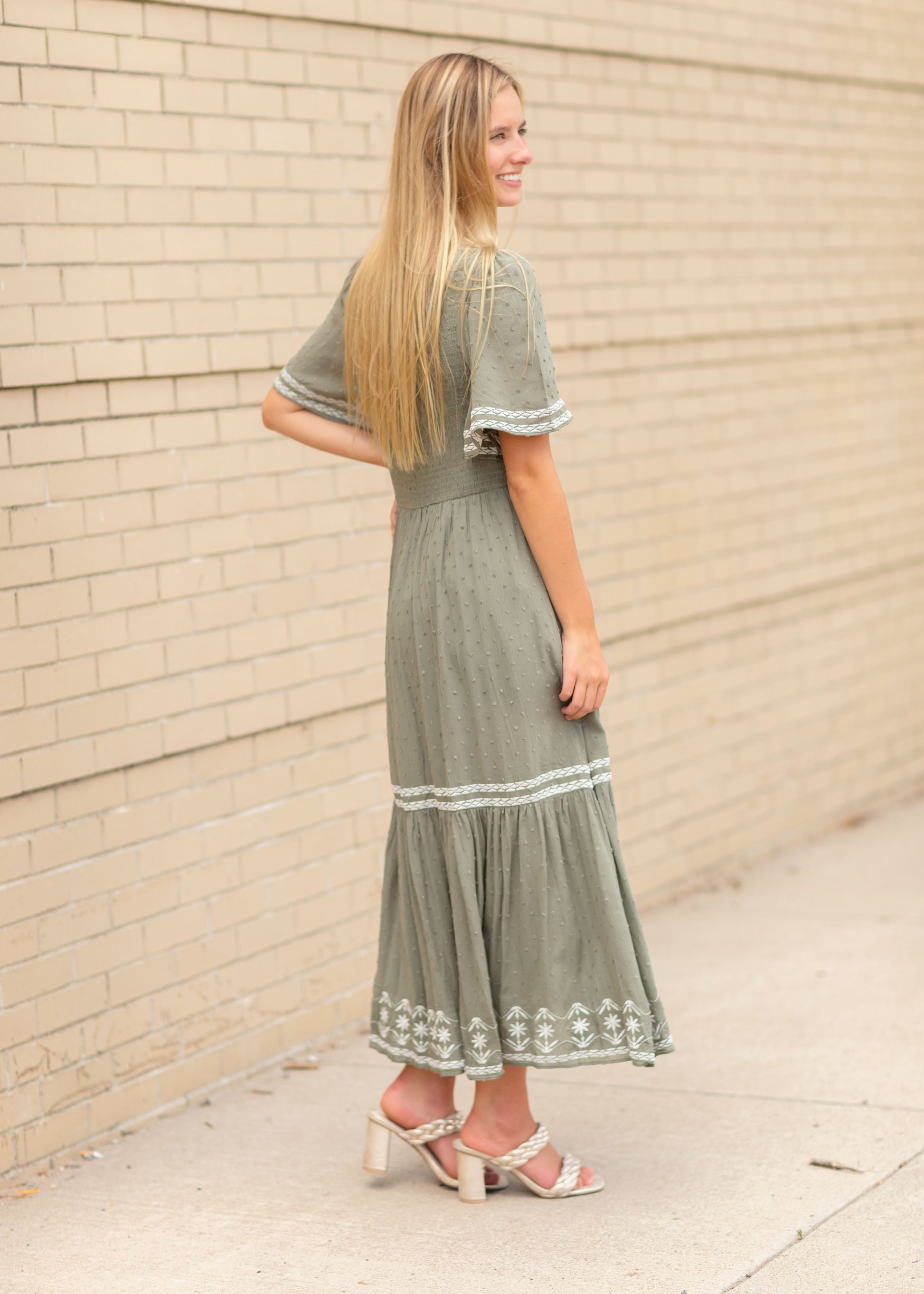 Flutter Sleeve Smocked Embroidered Midi Dress Dresses