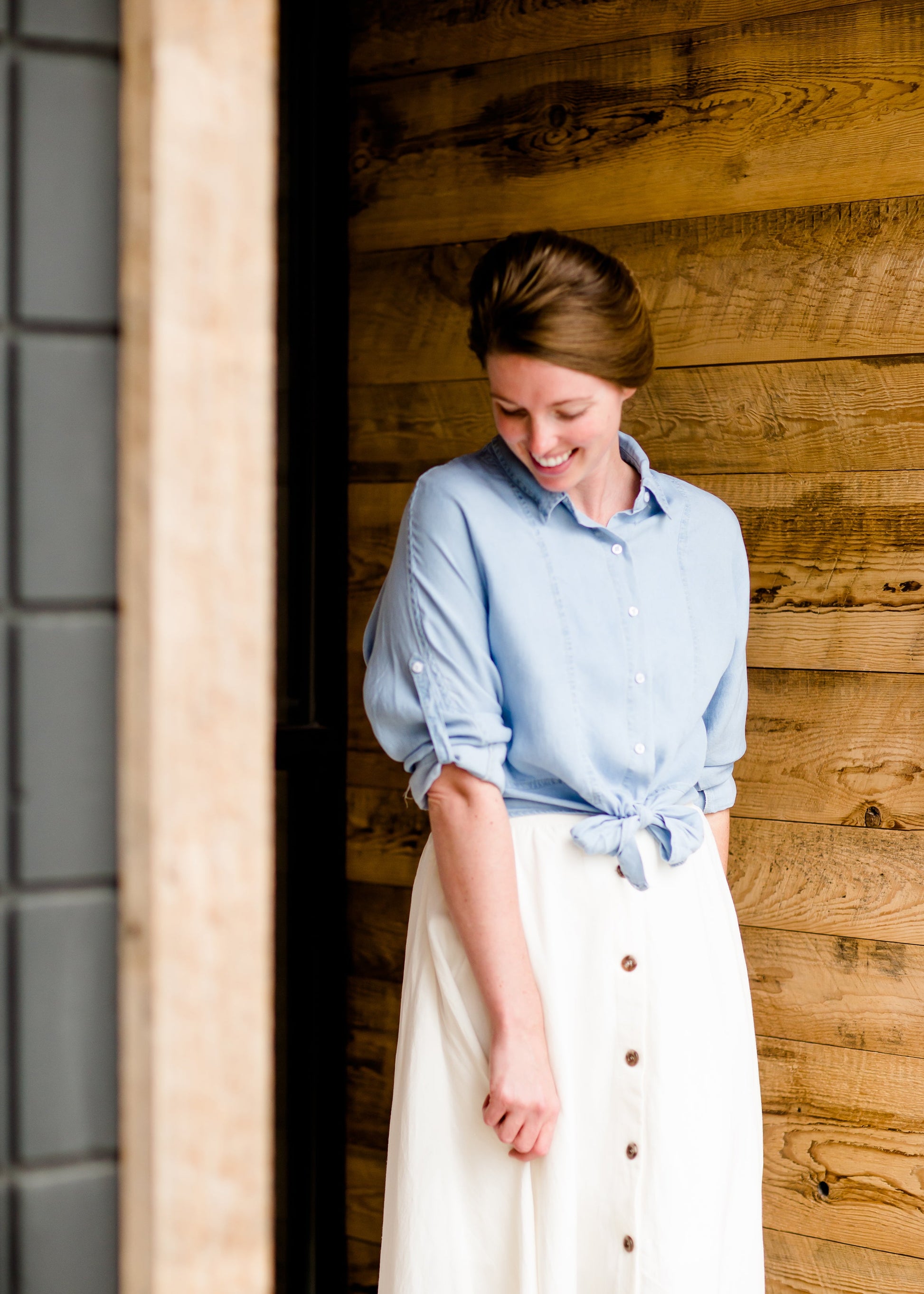 Modest Front Tie Chambray Top 