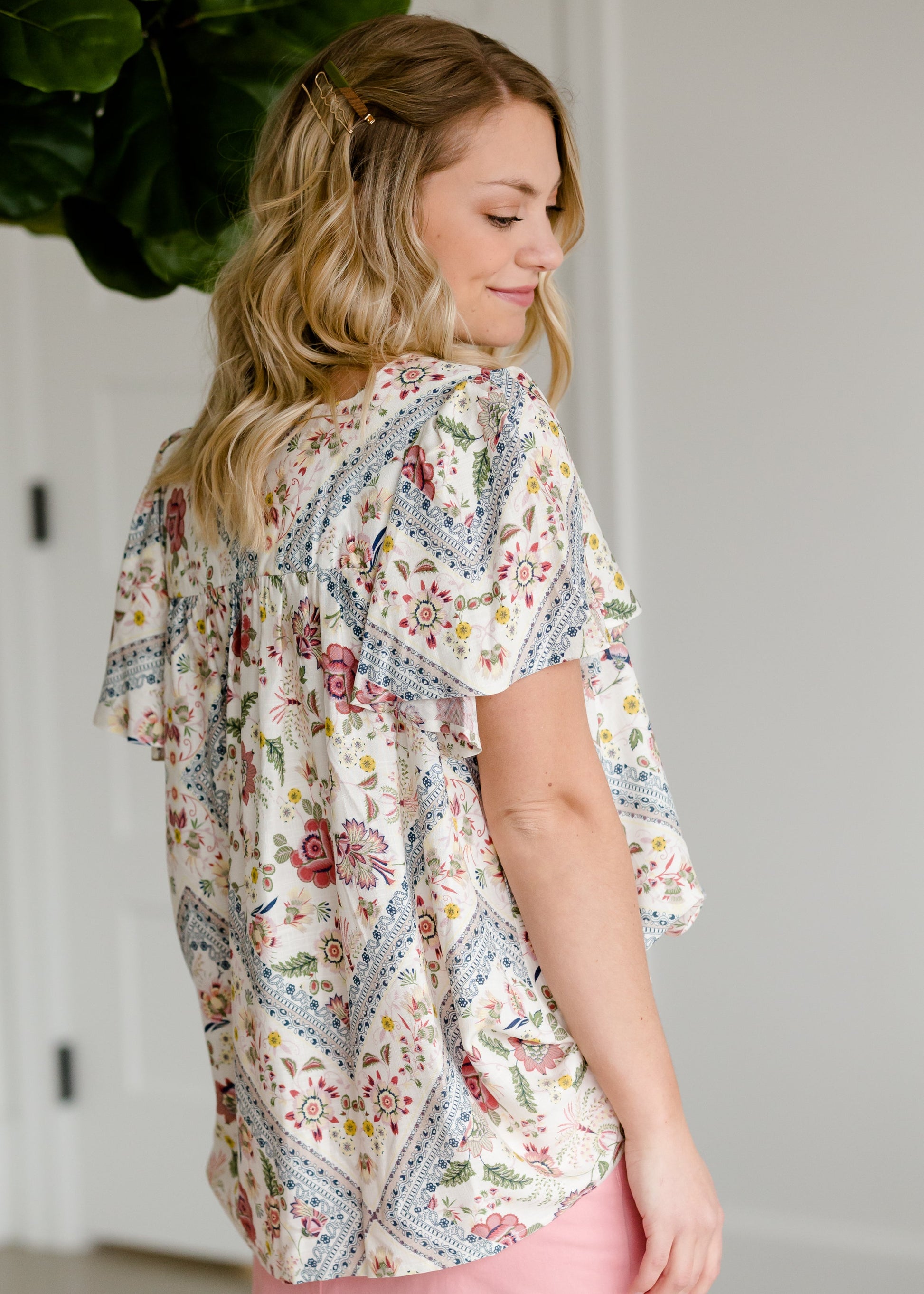 Geometric Floral Short Sleeve Top - FINAL SALE Tops