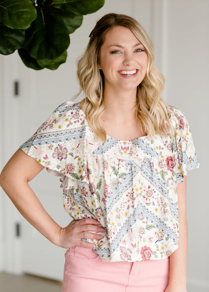 Geometric Floral Short Sleeve Top - FINAL SALE Tops