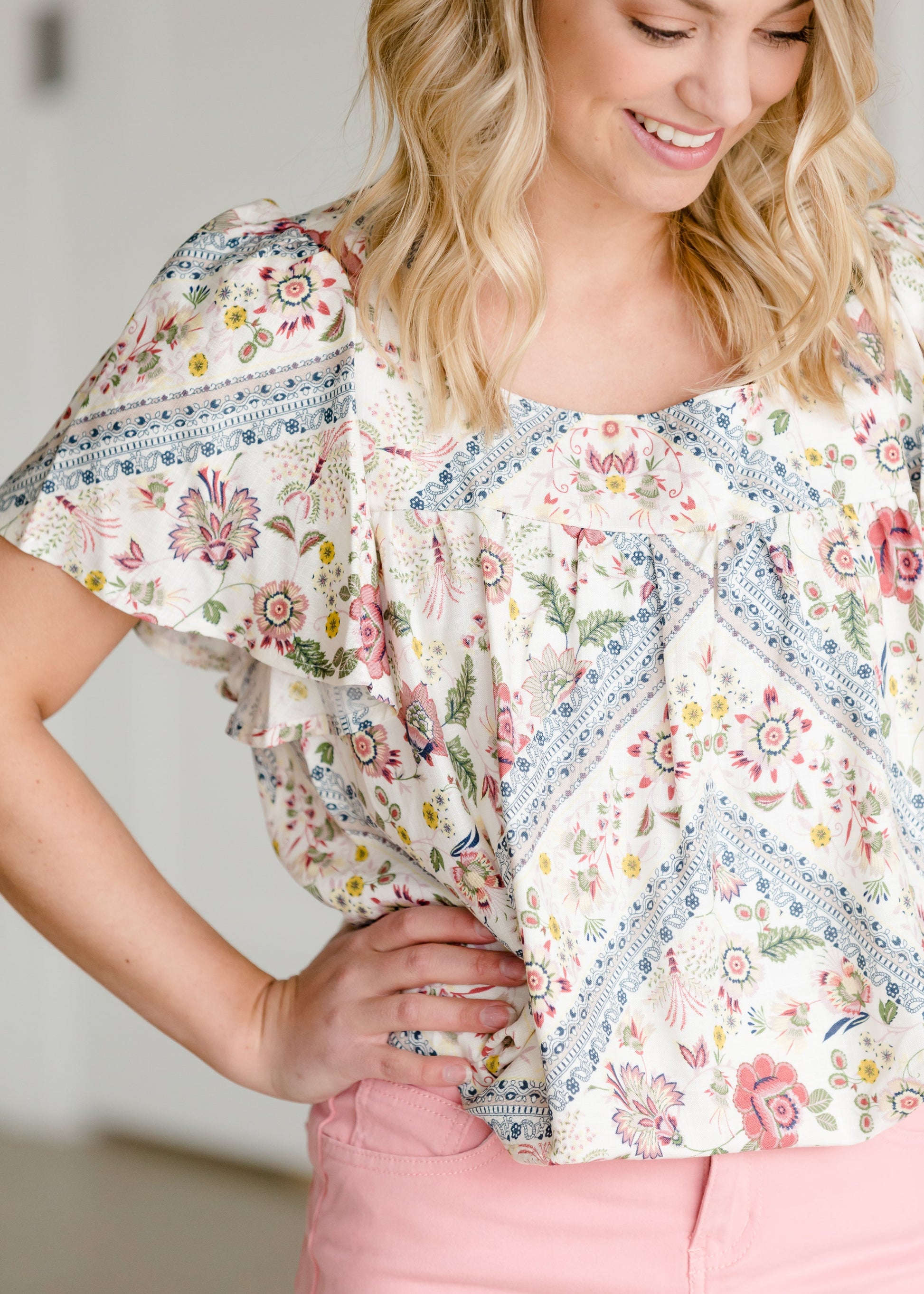 Geometric Floral Short Sleeve Top - FINAL SALE Tops