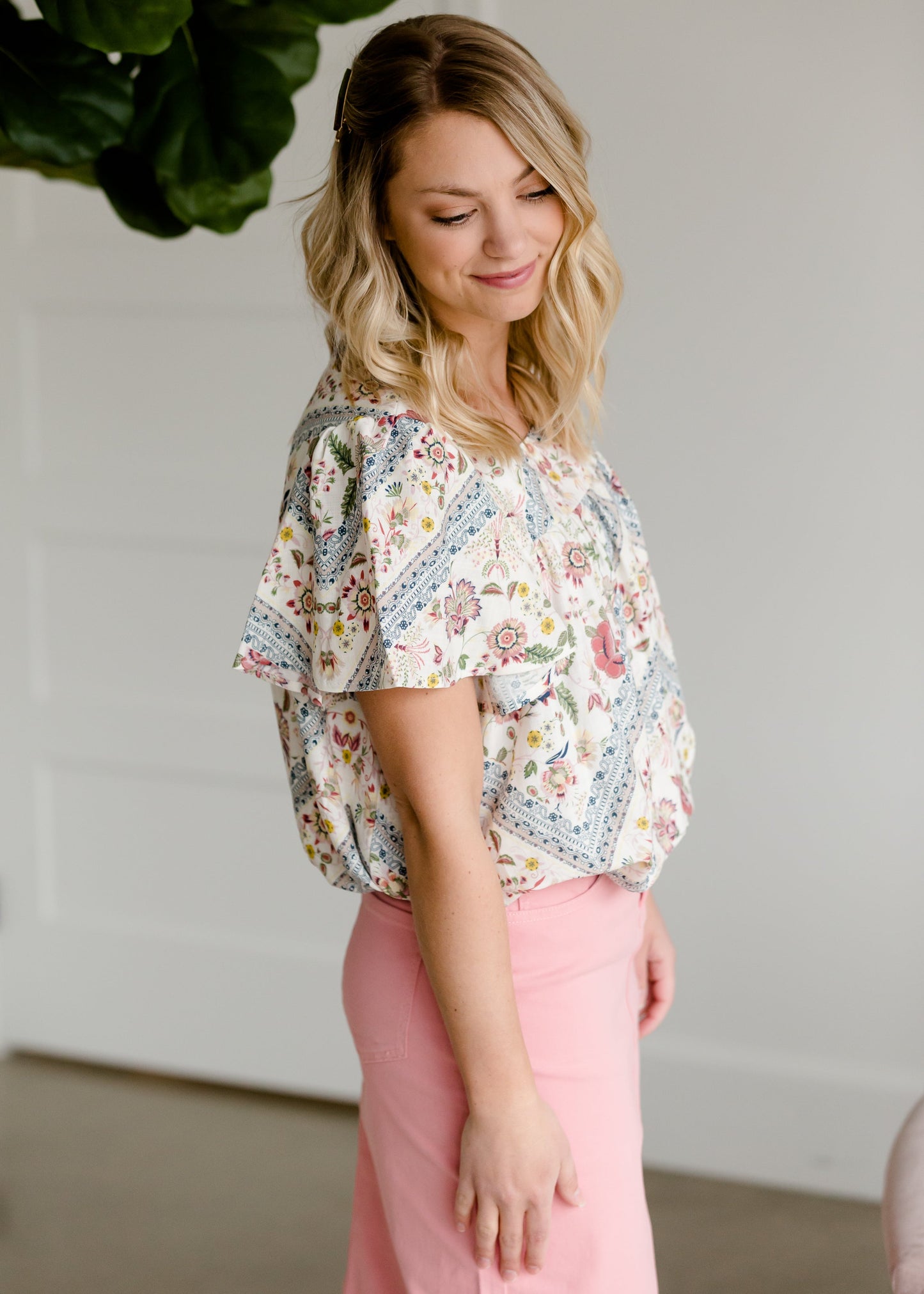 Geometric Floral Short Sleeve Top - FINAL SALE Tops