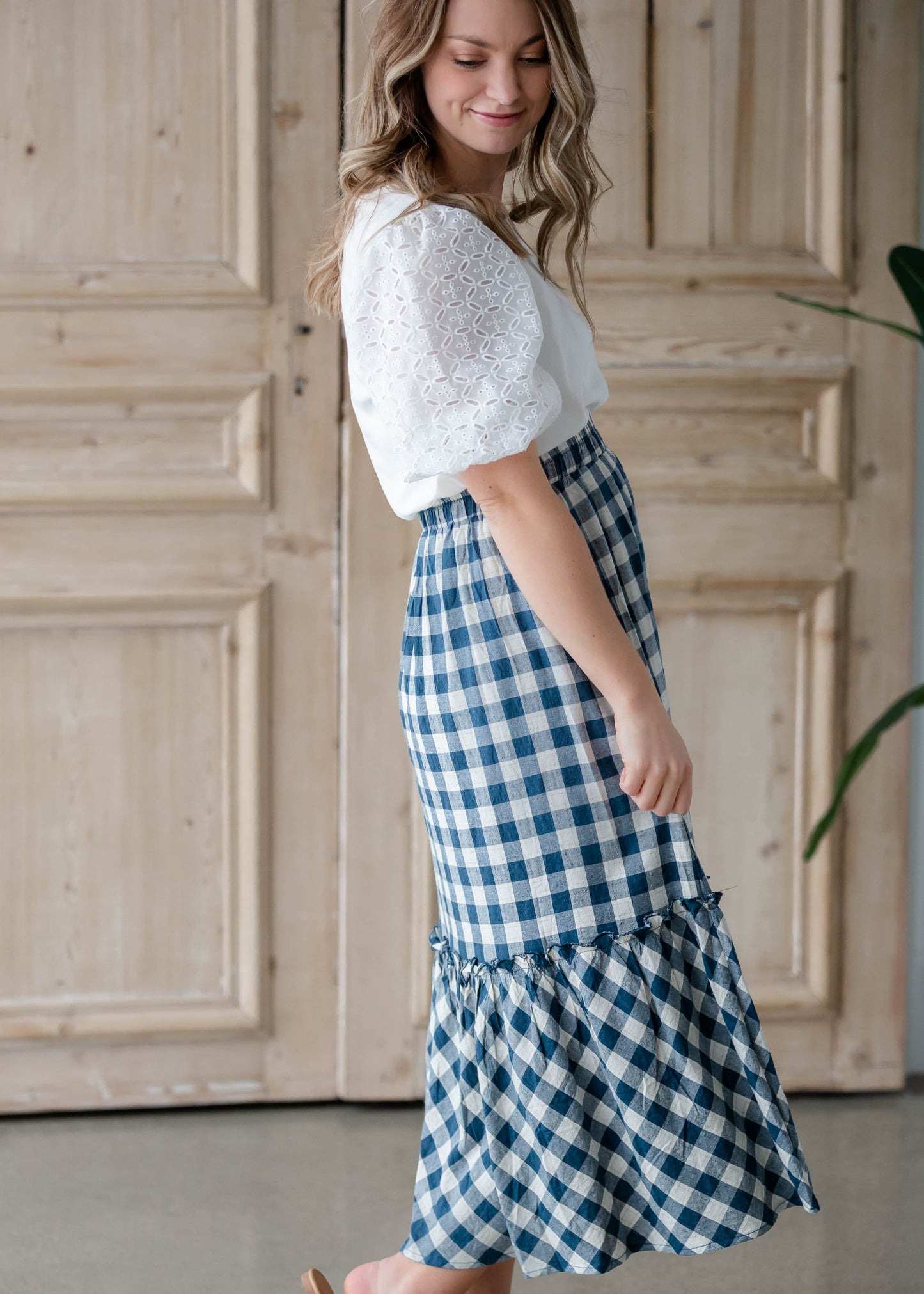 Gingham Navy Blue Midi Skirt Skirts Hayden