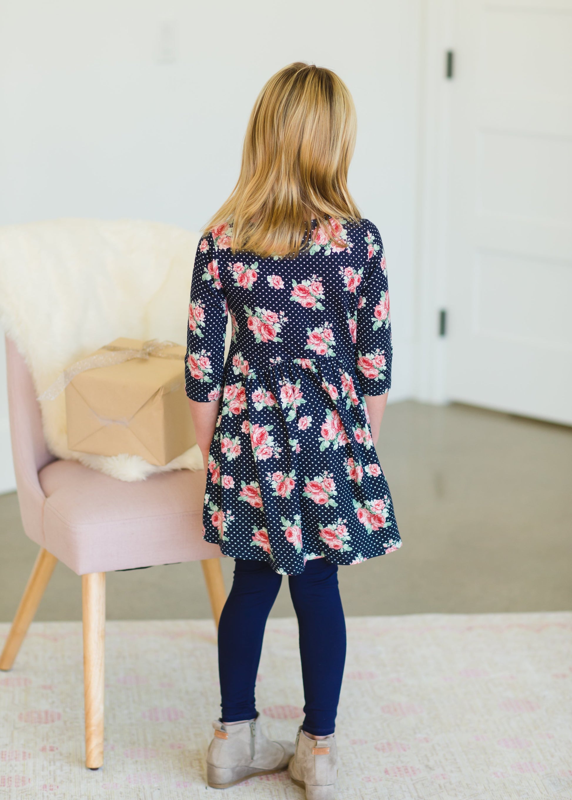 Girl's Navy Blush Floral Midi Dress - FINAL SALE Girls