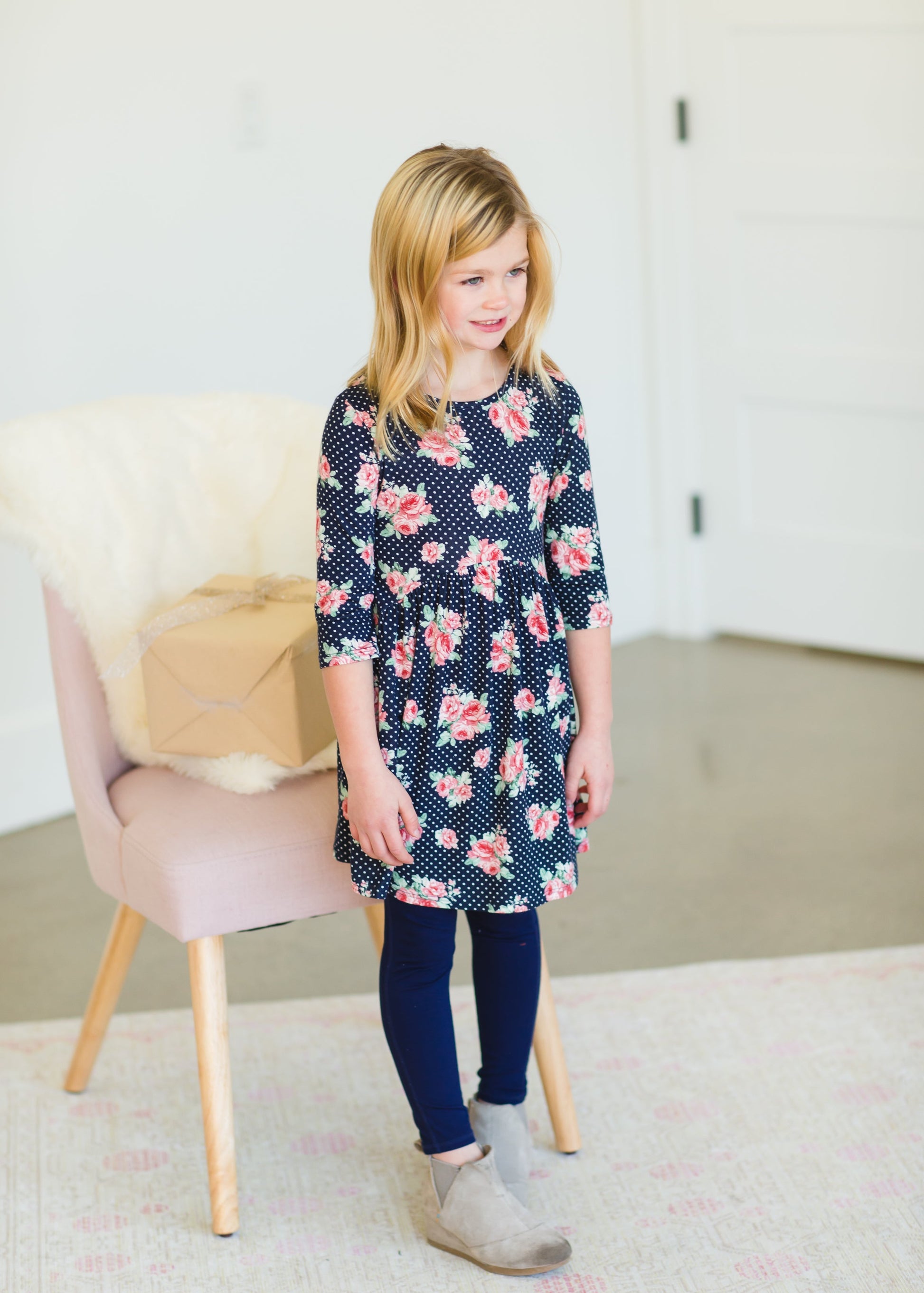 Girl's Navy Blush Floral Midi Dress - FINAL SALE Girls