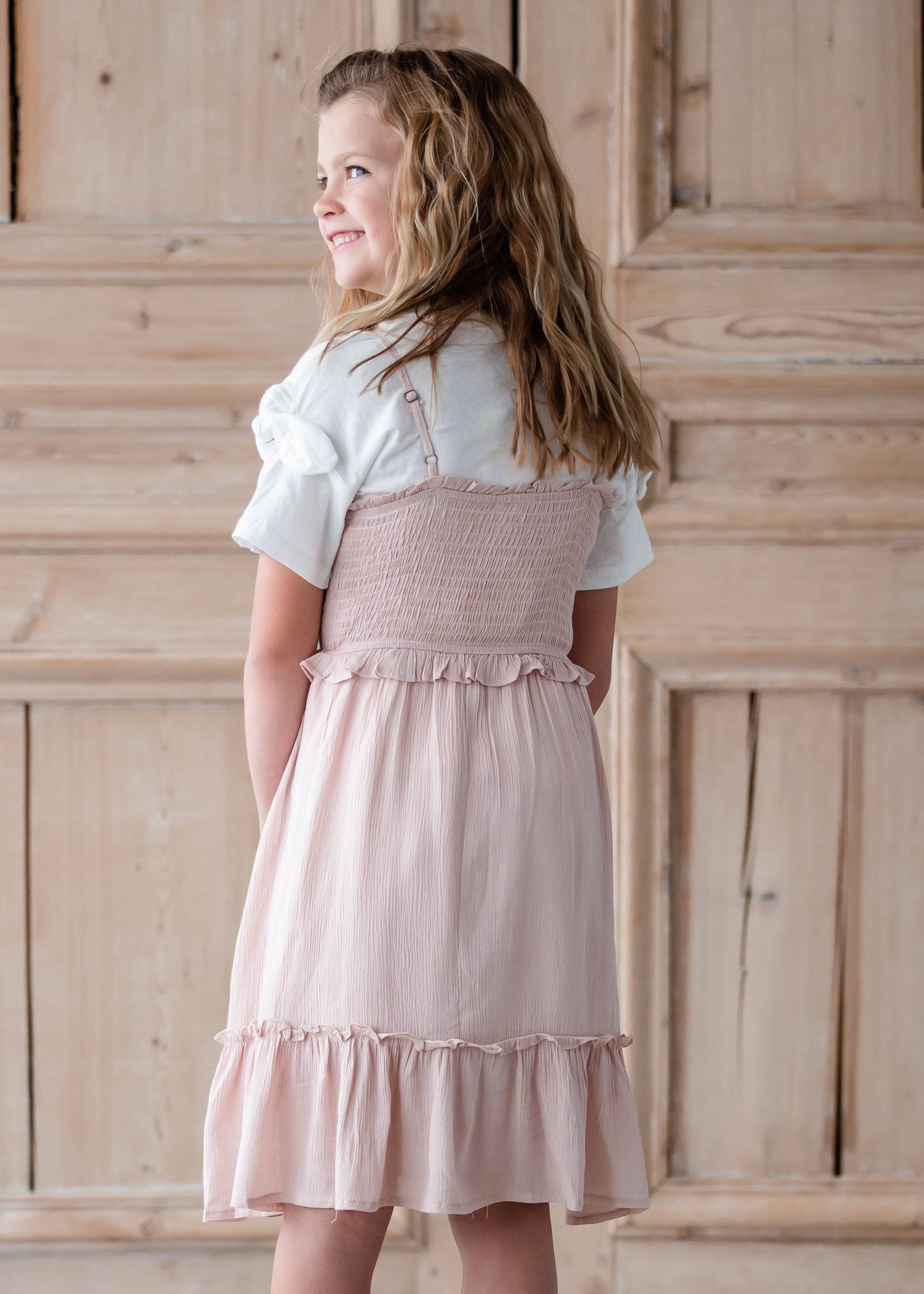 Girls Blush Pink Smocked Midi Dress Girls Hayden