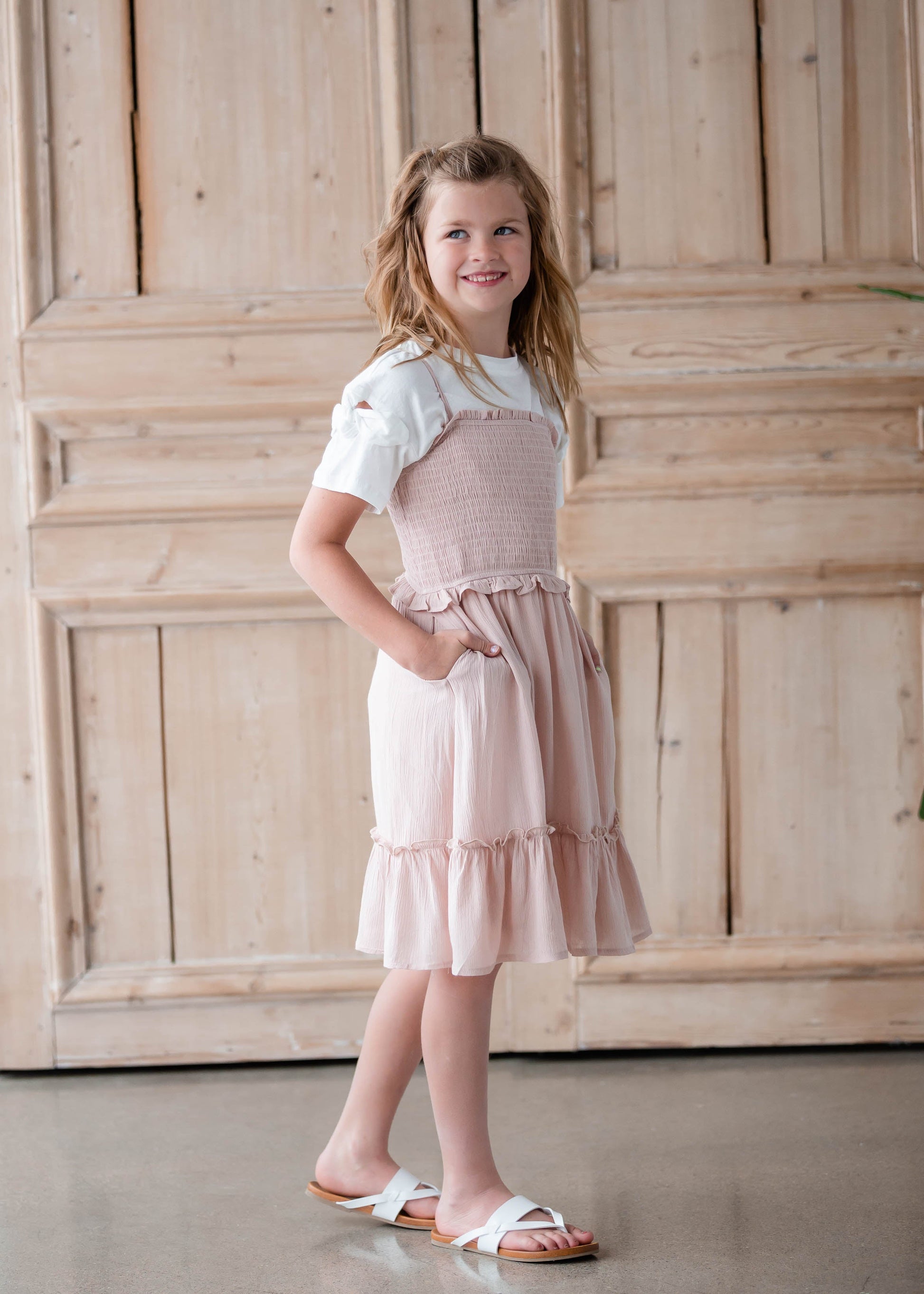 Girls Blush Pink Smocked Midi Dress Girls Hayden