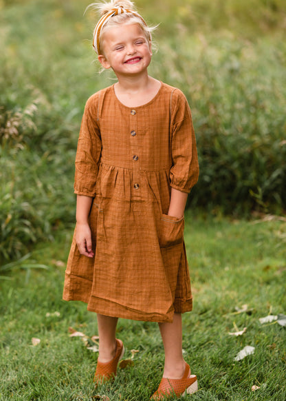 Girls Brown Button Front Midi Dress Dresses