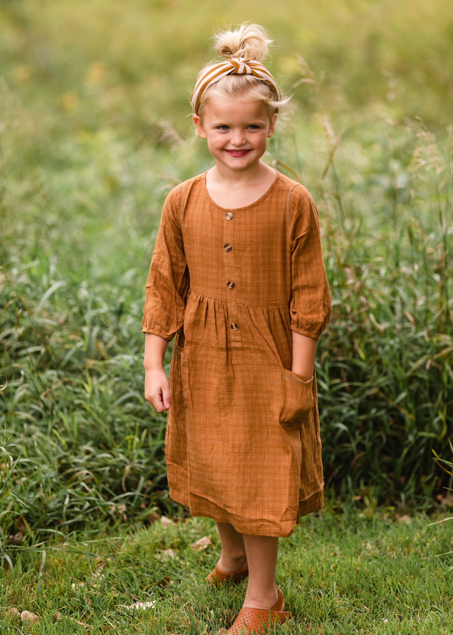 Girls Brown Button Front Midi Dress Dresses