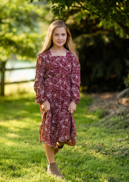 Girls Burgandy Square Neck Puff Sleeve Belted Dress Girls Hayden Los Angeles