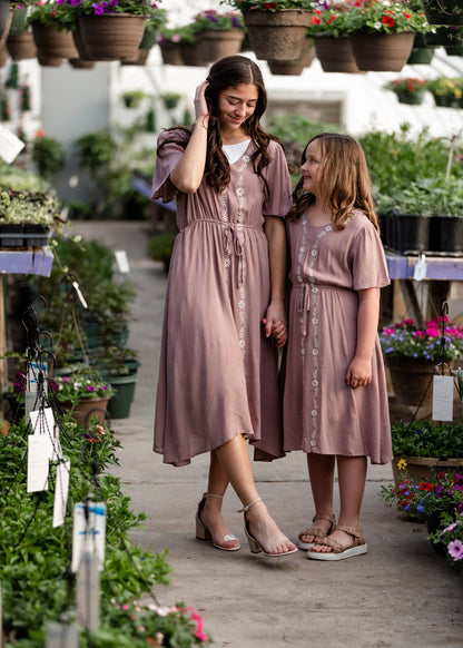 Girls Embroidered Cinched Waist Mauve Midi Dress Girls Hayden