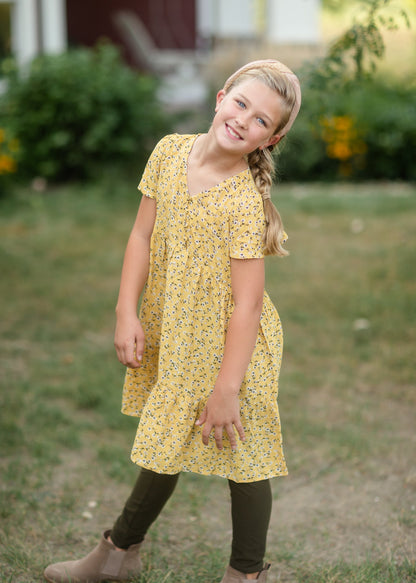 Girls Mustard Floral Buttoned Midi Dress Dresses Hayden