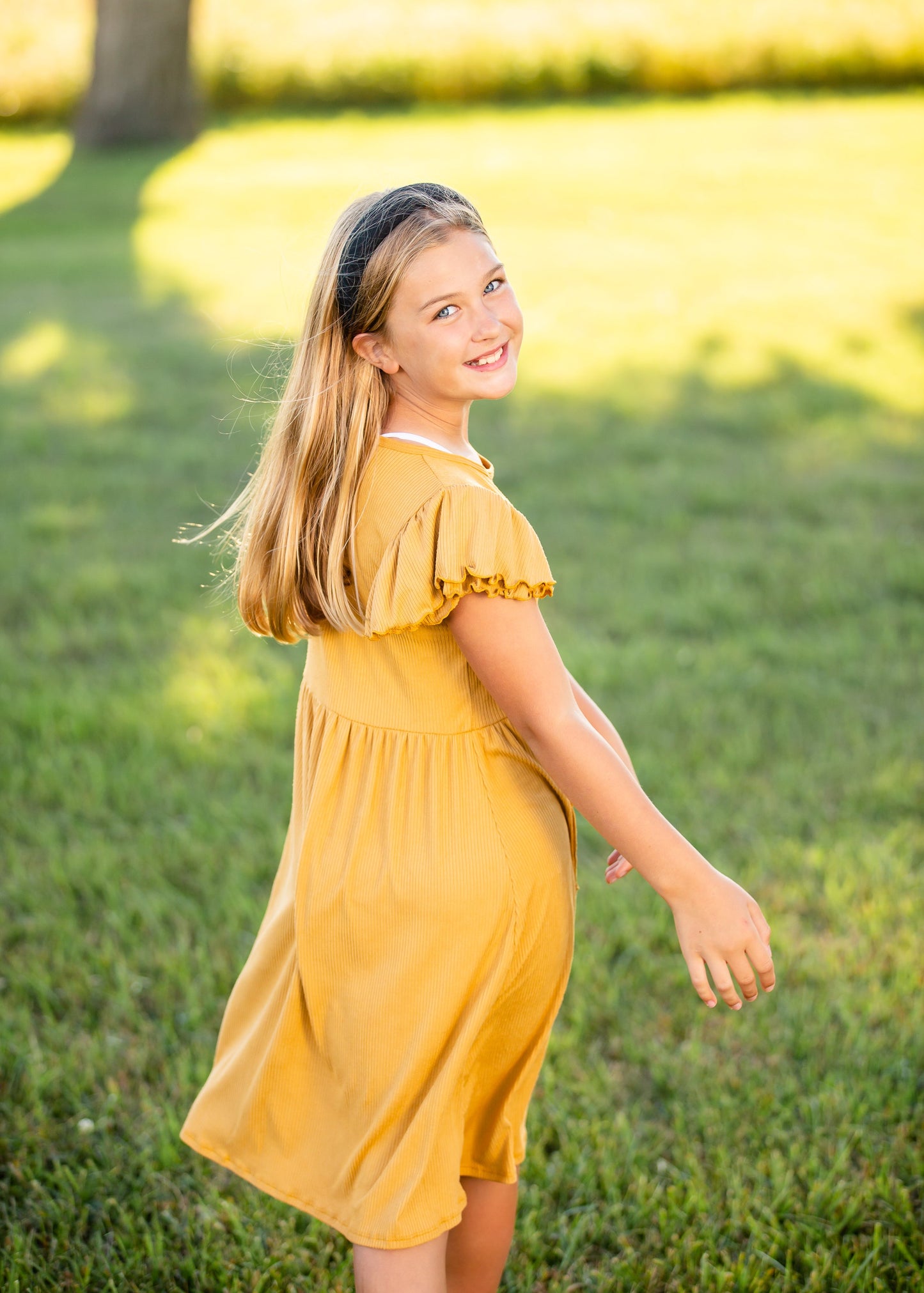 Girls Mustard Ribbed Ruffle Sleeve Midi Dress Girls