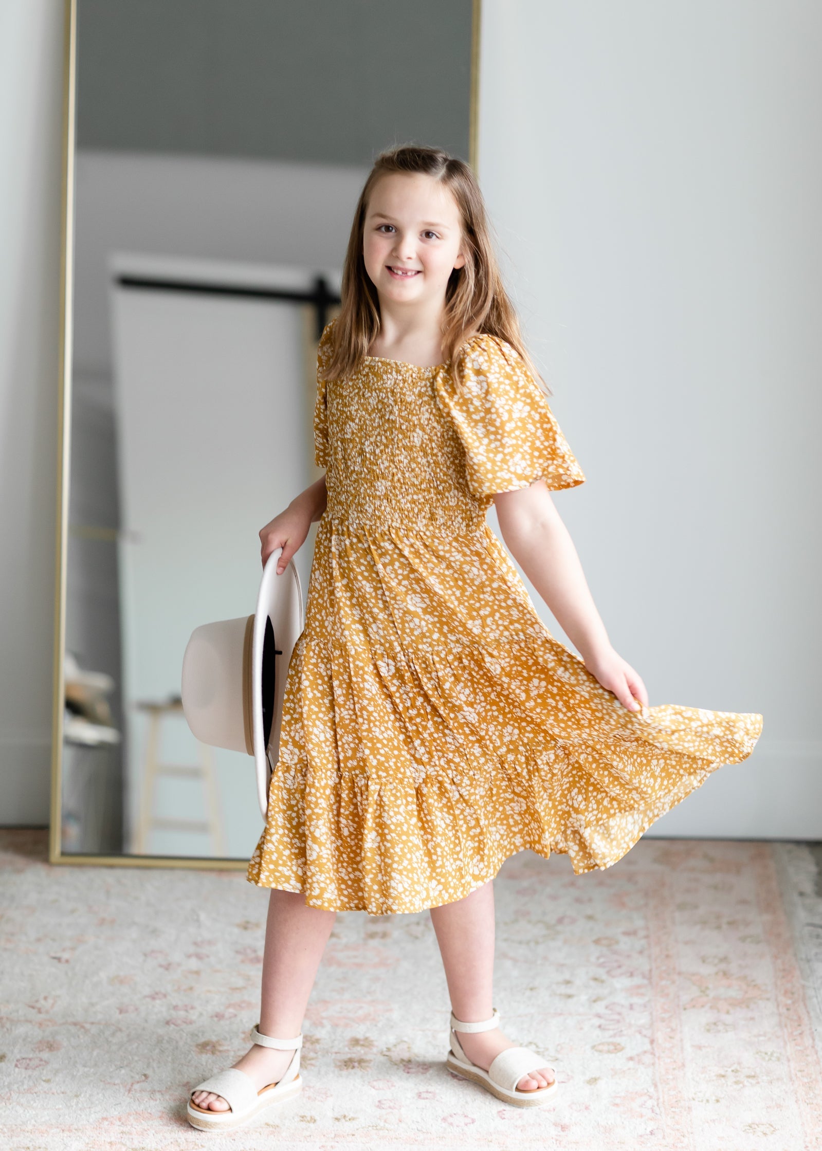 Girls Mustard Smocked Dress With Bell Sleeves Girls Hayden