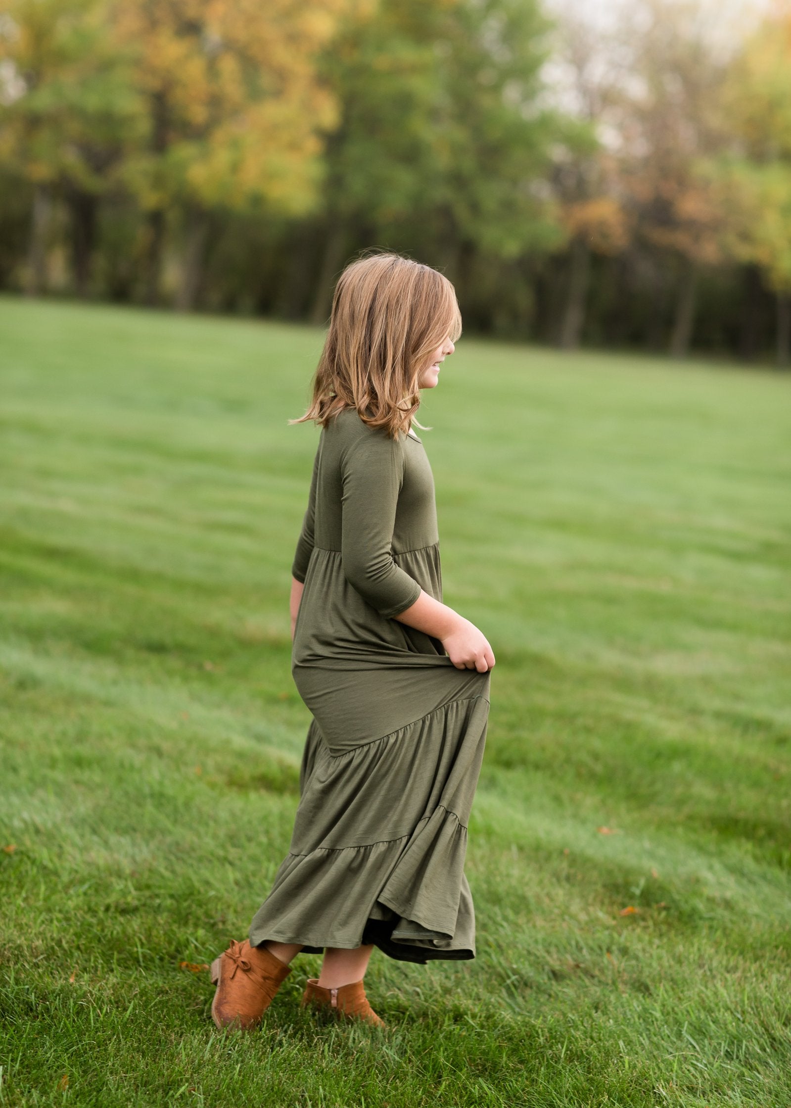 Girls Olive 3/4 Sleeve Tiered Maxi Dress Girls GTOG