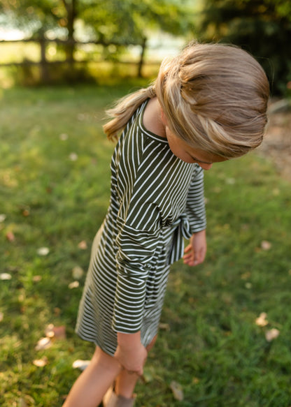 Girls Olive Striped Knit Mini Dress with Belt Dresses hayden