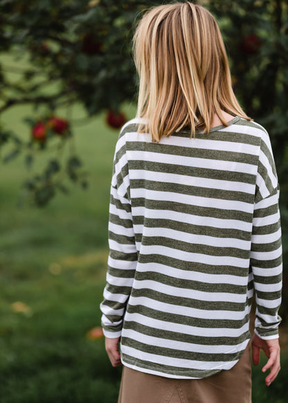 Girls Olive Striped Long Sleeve Top Shirt