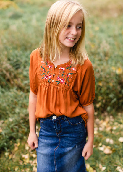 Girls Rust Floral Embroidered Top - FINAL SALE Shirt