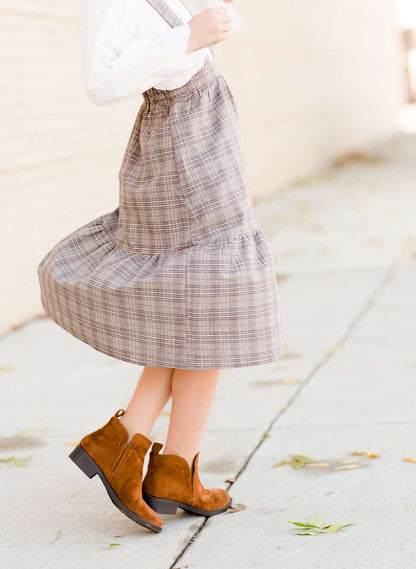 Modest girls and conservative teens brown checkered  overall dress