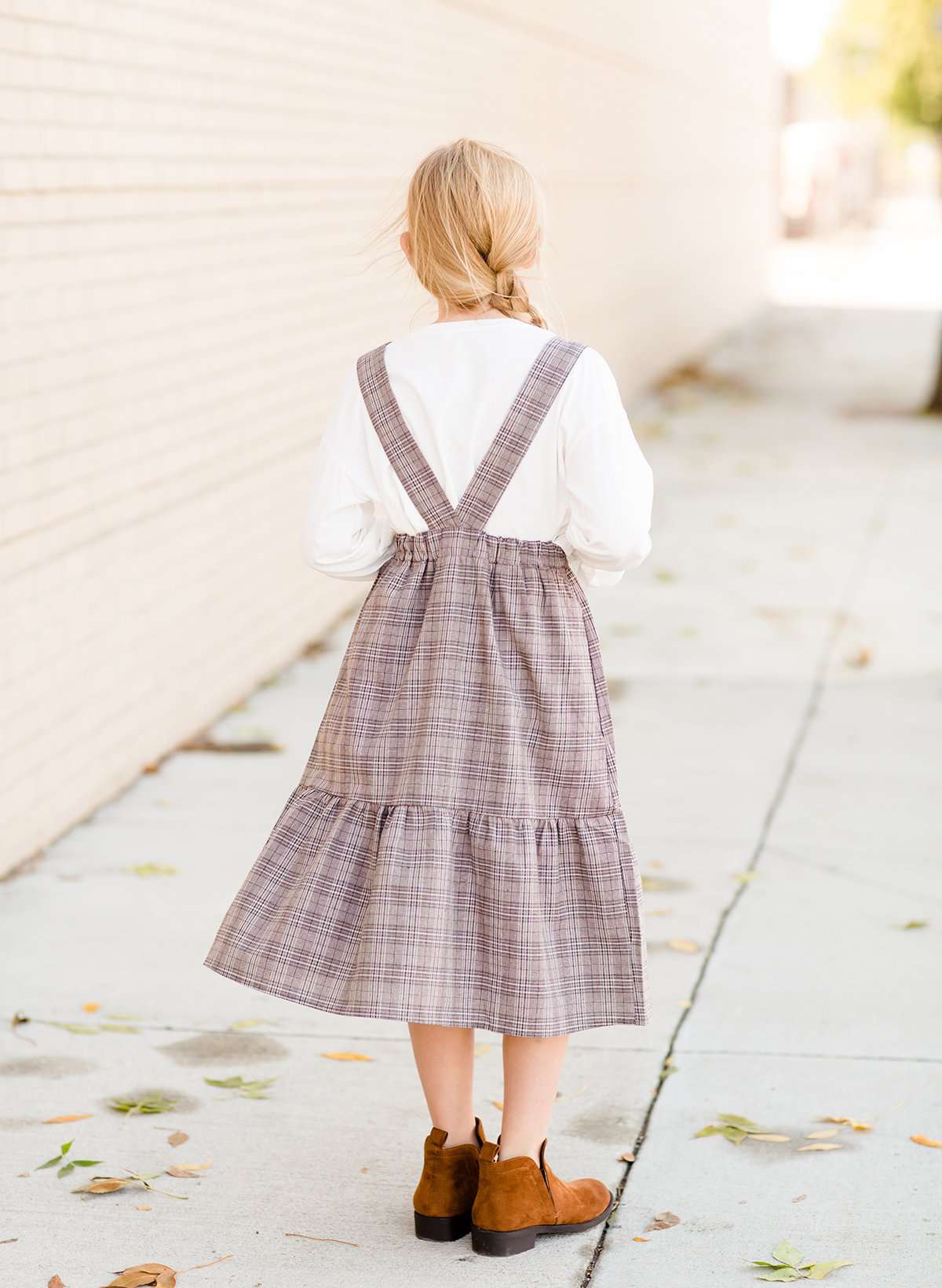 Modest girls and conservative teens brown checkered  overall dress