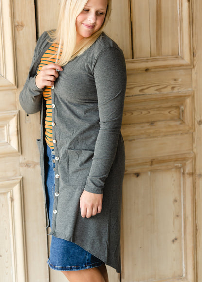 Gray Button Front Long Cardigan - FINAL SALE Tops