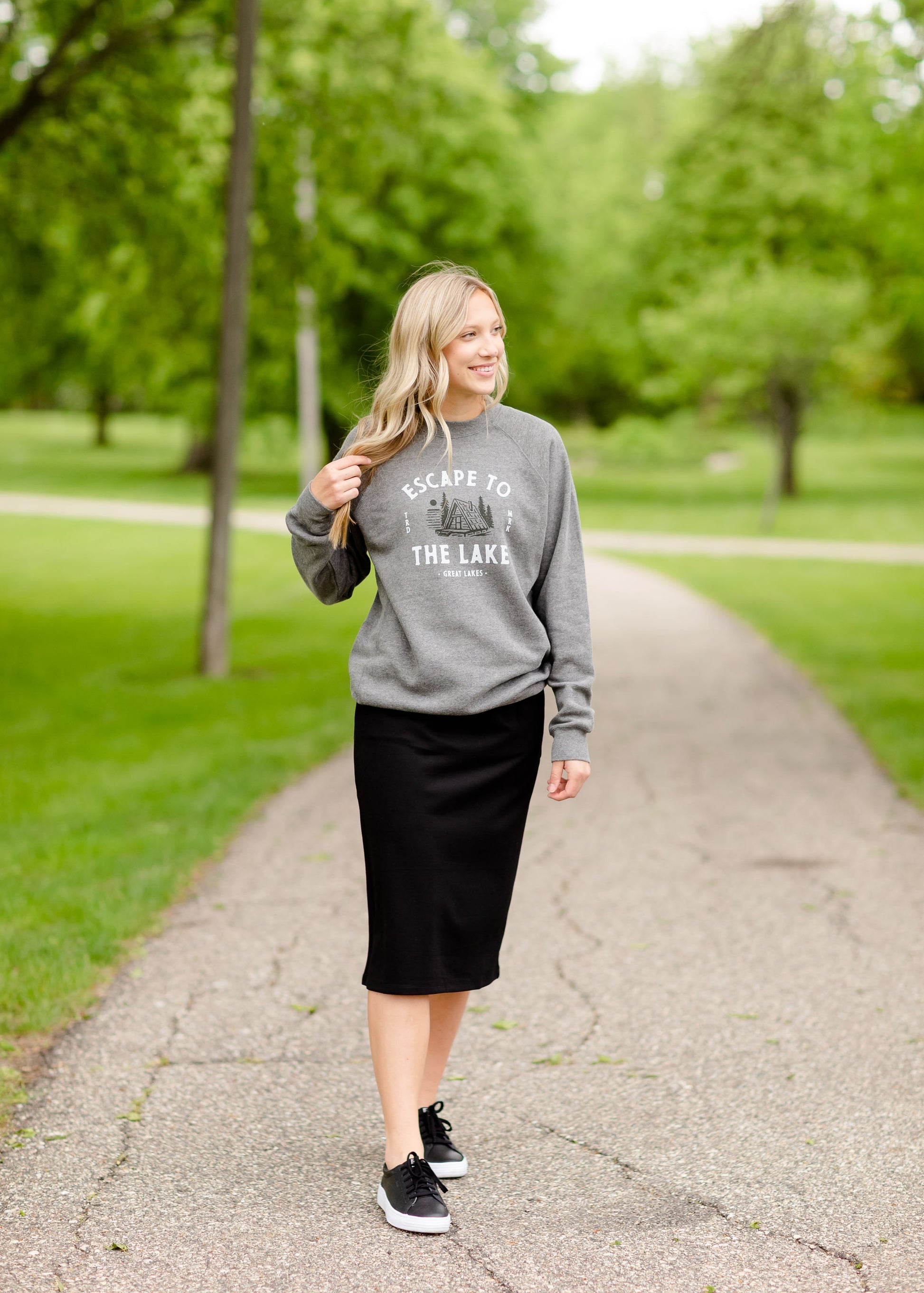 Gray Escape to the Lake Crewneck Sweatshirt Tops