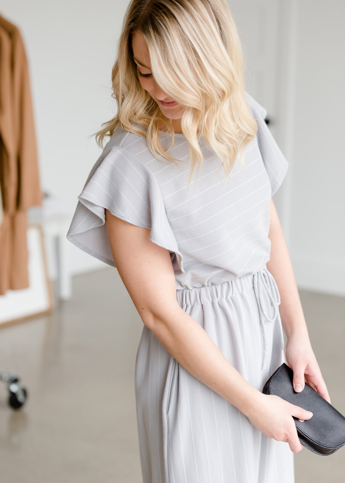 Gray Ruffle Sleeve Striped Midi Dress - FINAL SALE Dresses