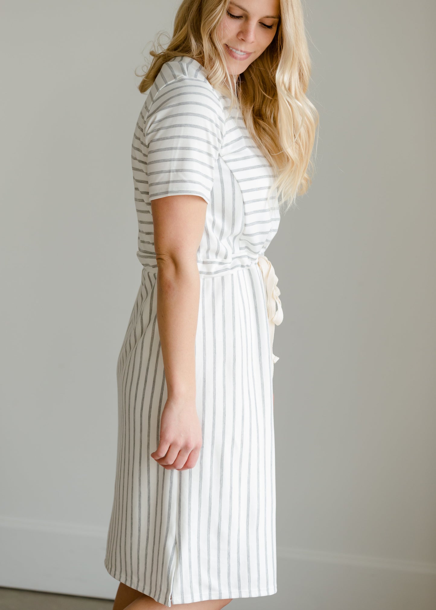 Gray Striped Waist Tie Midi Dress - FINAL SALE Dresses