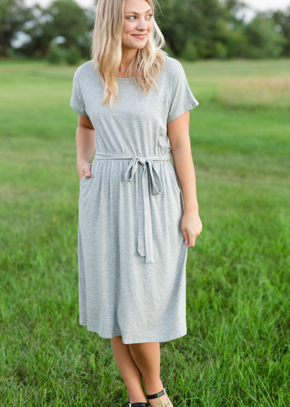 Gray Tie Waist Knit Midi Dress - FINAL SALE Dresses