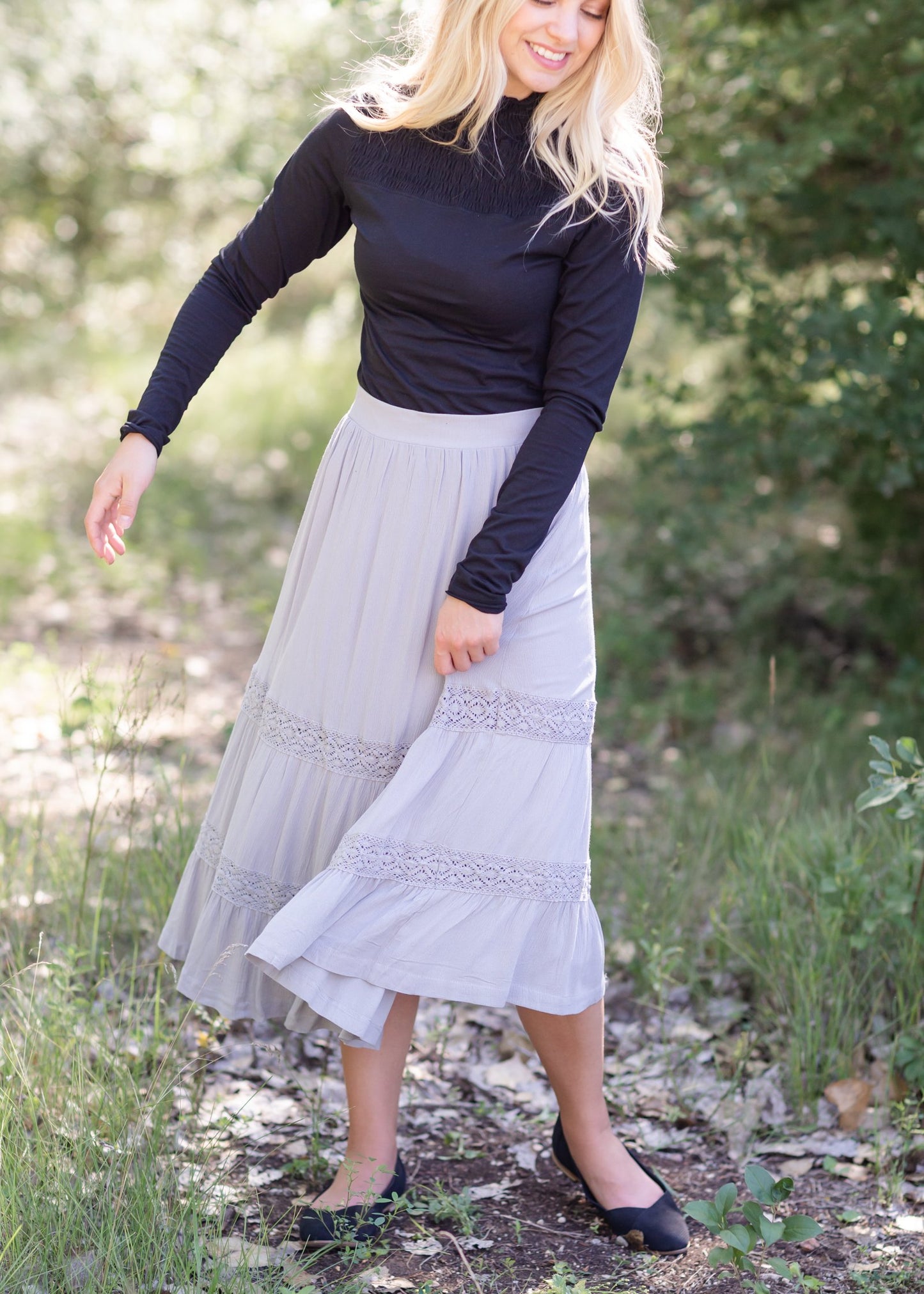 Gray Trim Detail Lined Midi Skirt Skirts Wishlist