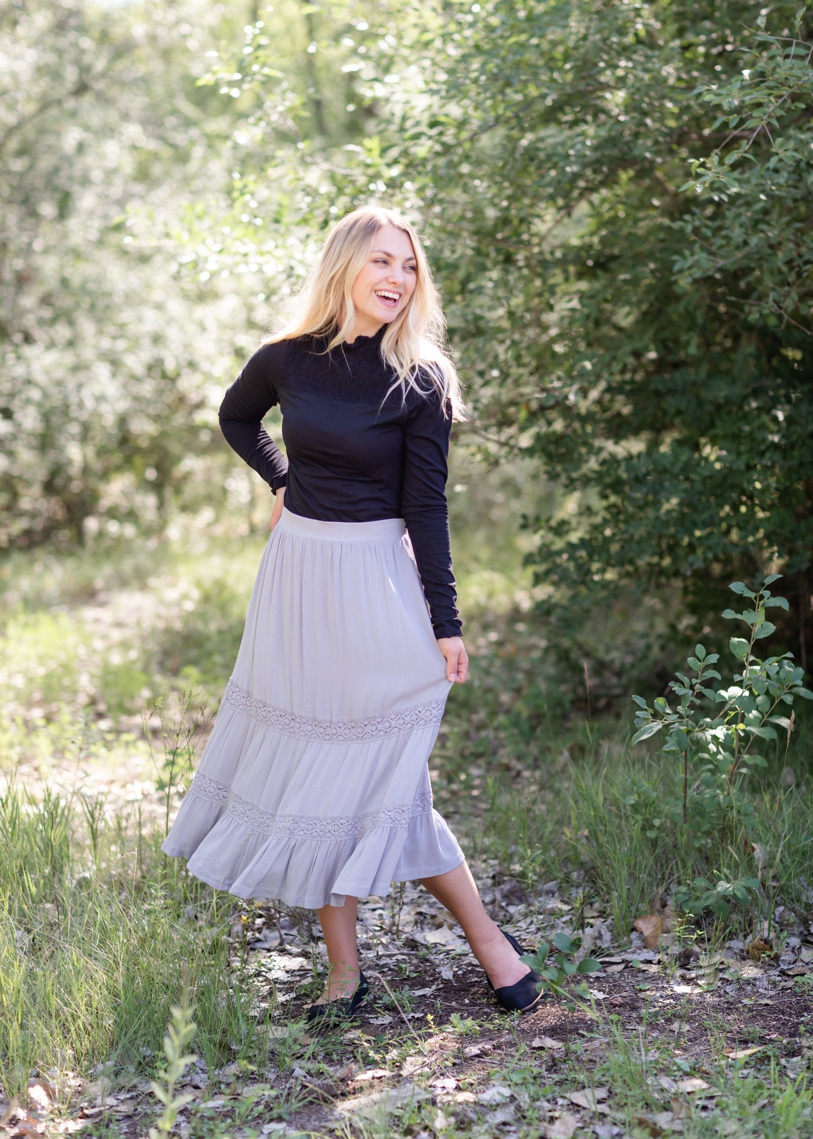 Gray Trim Detail Lined Midi Skirt Skirts Wishlist