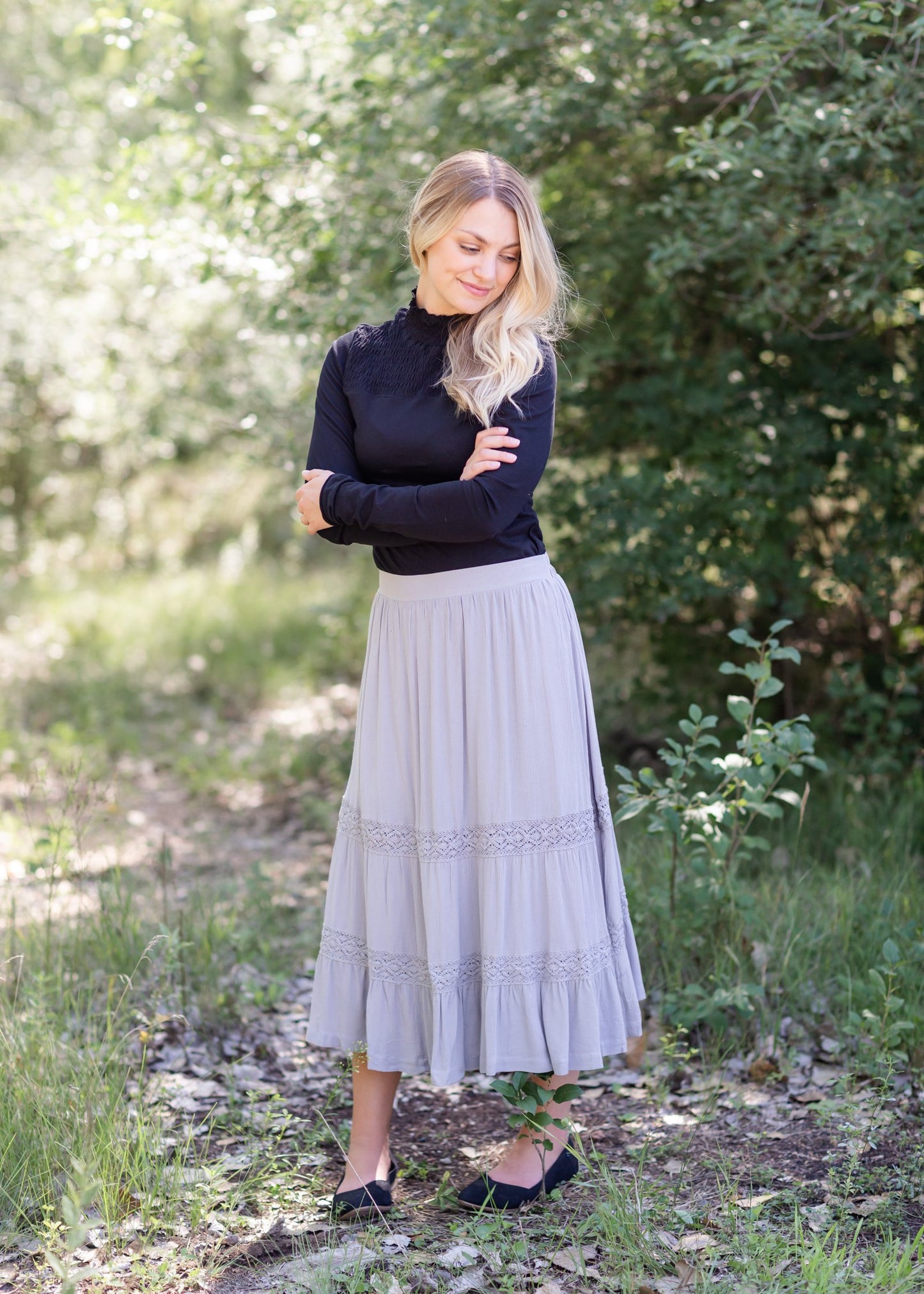 Gray Trim Detail Lined Midi Skirt Skirts Wishlist