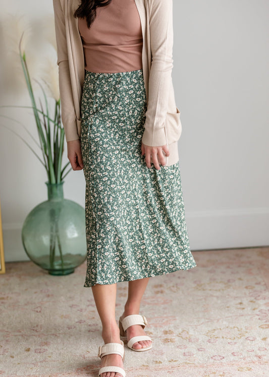 Green Ditsy Floral Simple Midi Skirt Skirts Be Cool