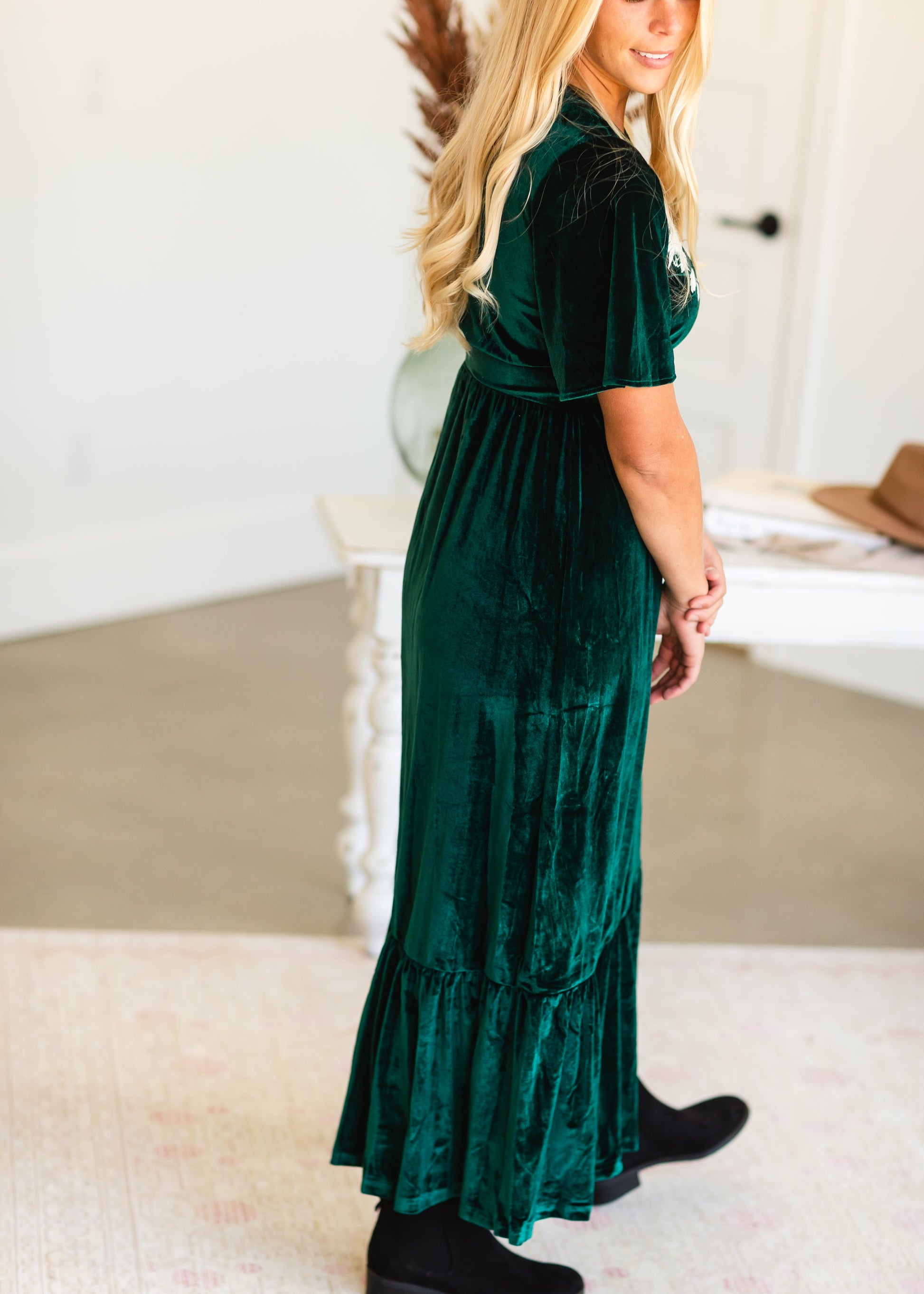 Green Embroidered Velvet Maxi Dress Dresses