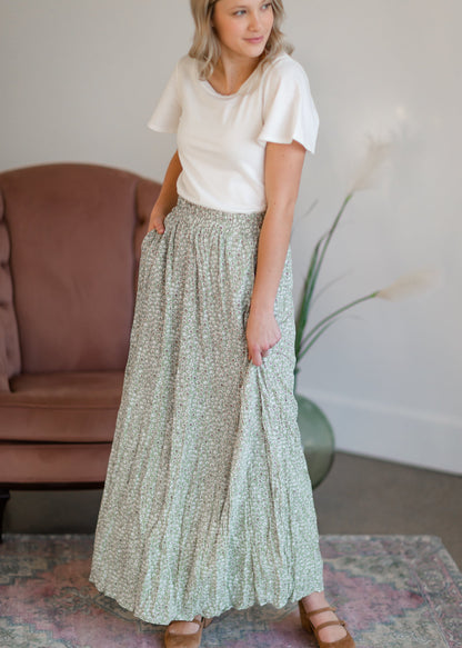 Green Tiny Floral Maxi Skirt Skirts Mikarose