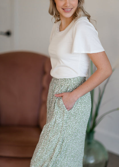 Green Tiny Floral Maxi Skirt Skirts Mikarose