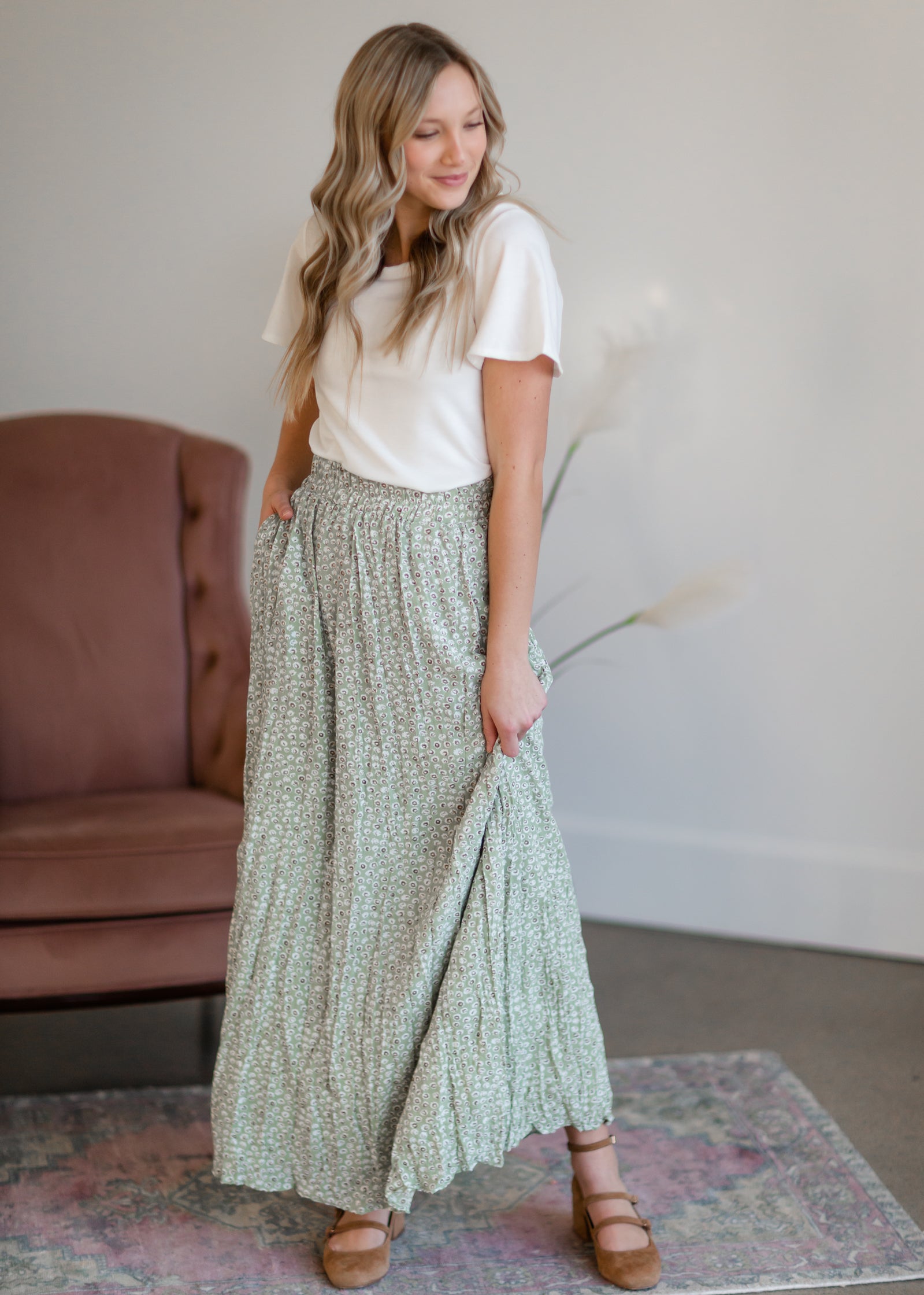 Green Tiny Floral Maxi Skirt Skirts Mikarose