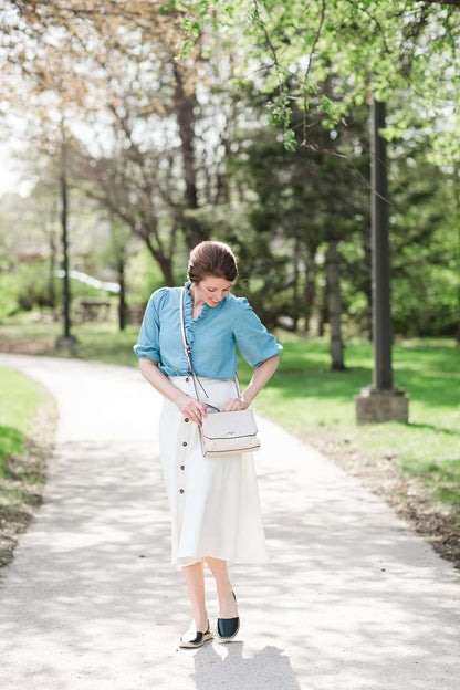 Highwaist white button front a line modest midi skirt