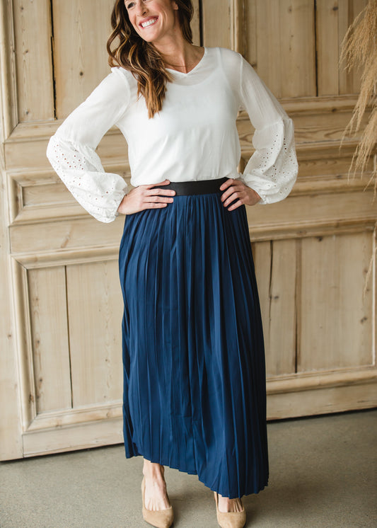 High Waisted Pleated Navy Maxi Skirt - FINAL SALE Skirts