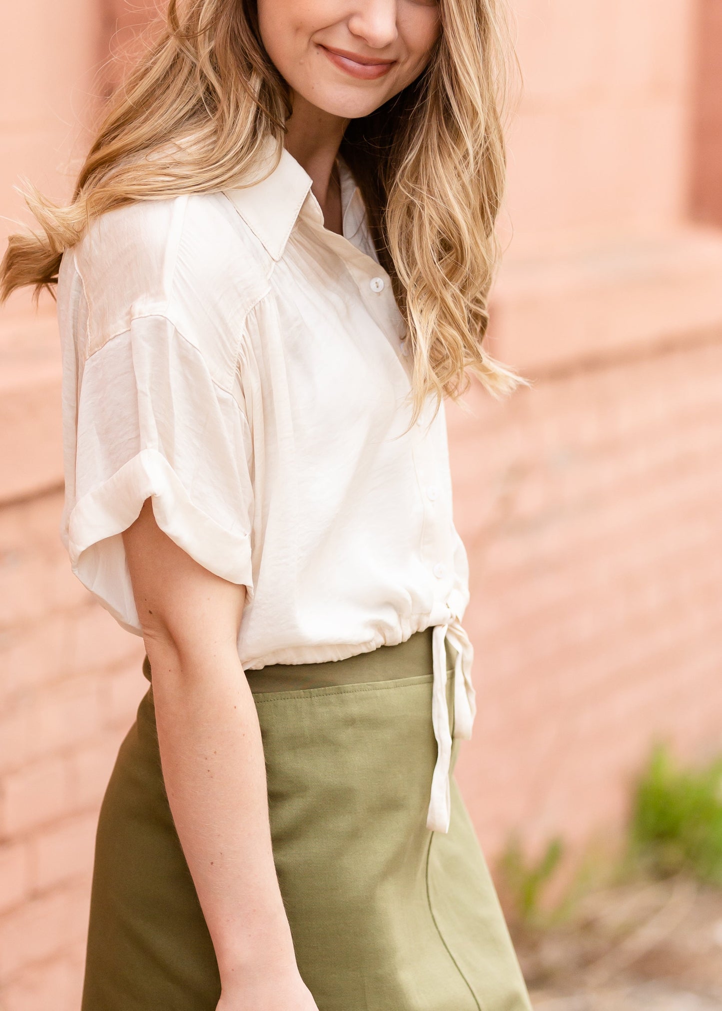 Ivory Button Up Cinched Waist Top Tops