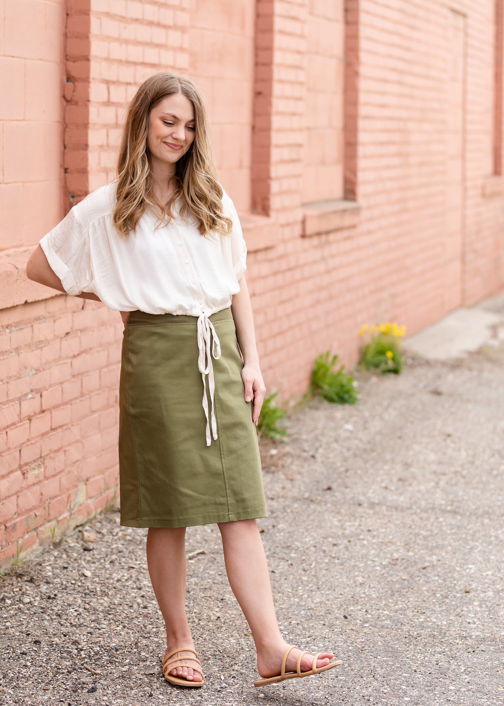 Ivory Button Up Cinched Waist Top Tops