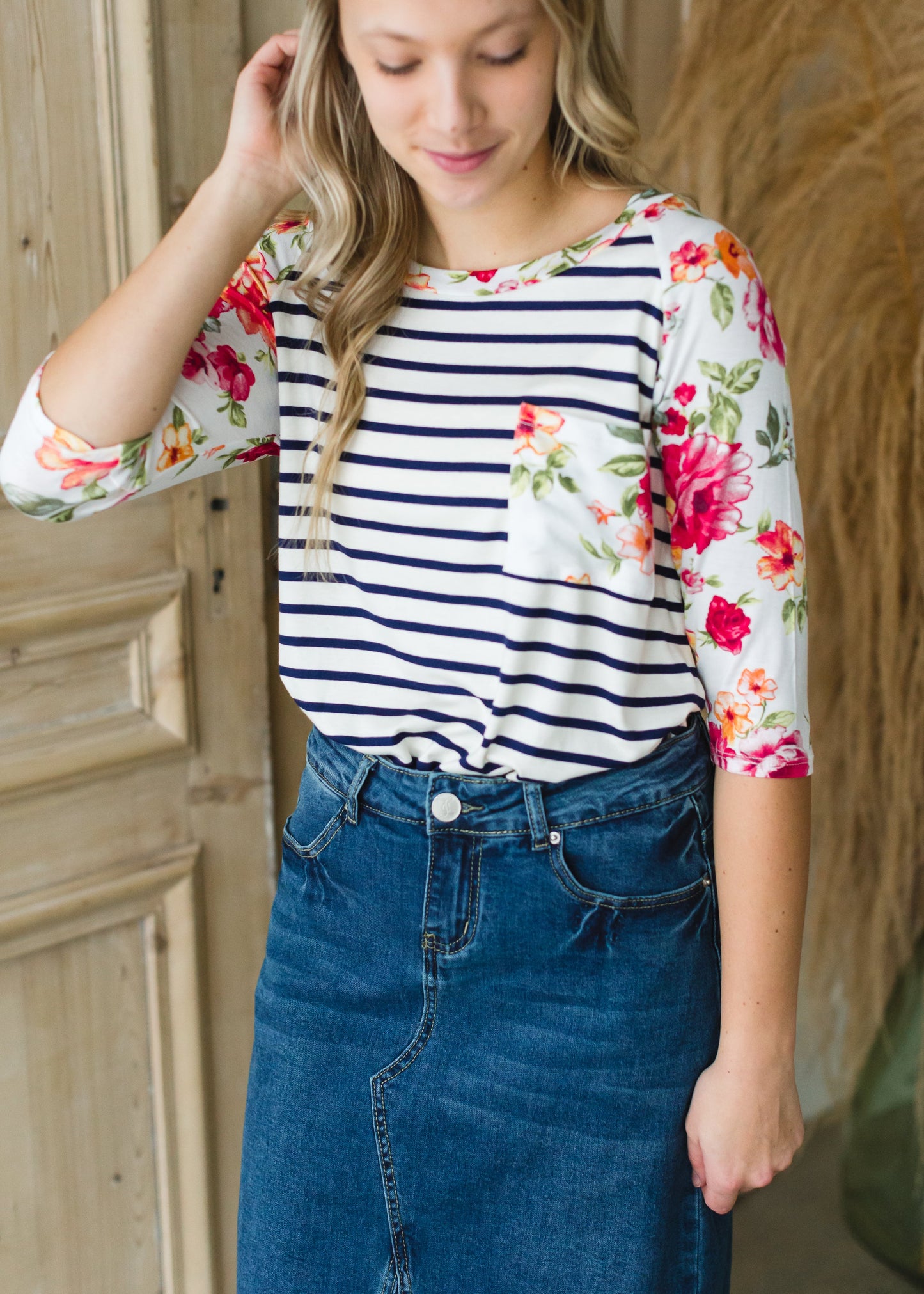 Ivory Floral + Striped Raglan Top - FINAL SALE Tops