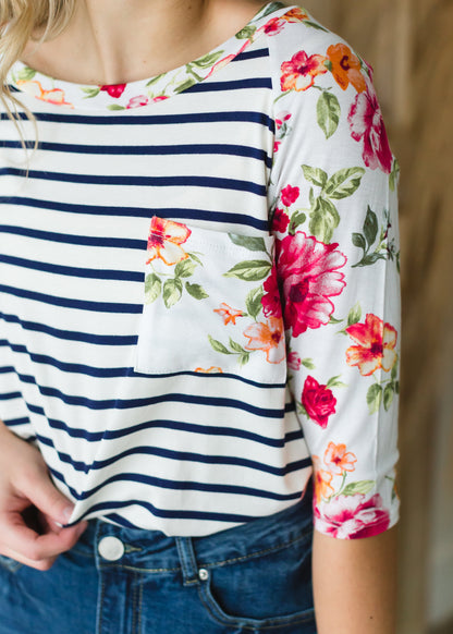 Ivory Floral + Striped Raglan Top - FINAL SALE Tops