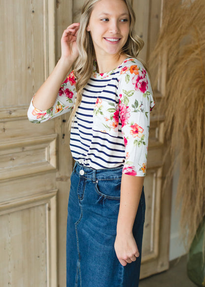 Ivory Floral + Striped Raglan Top - FINAL SALE Tops